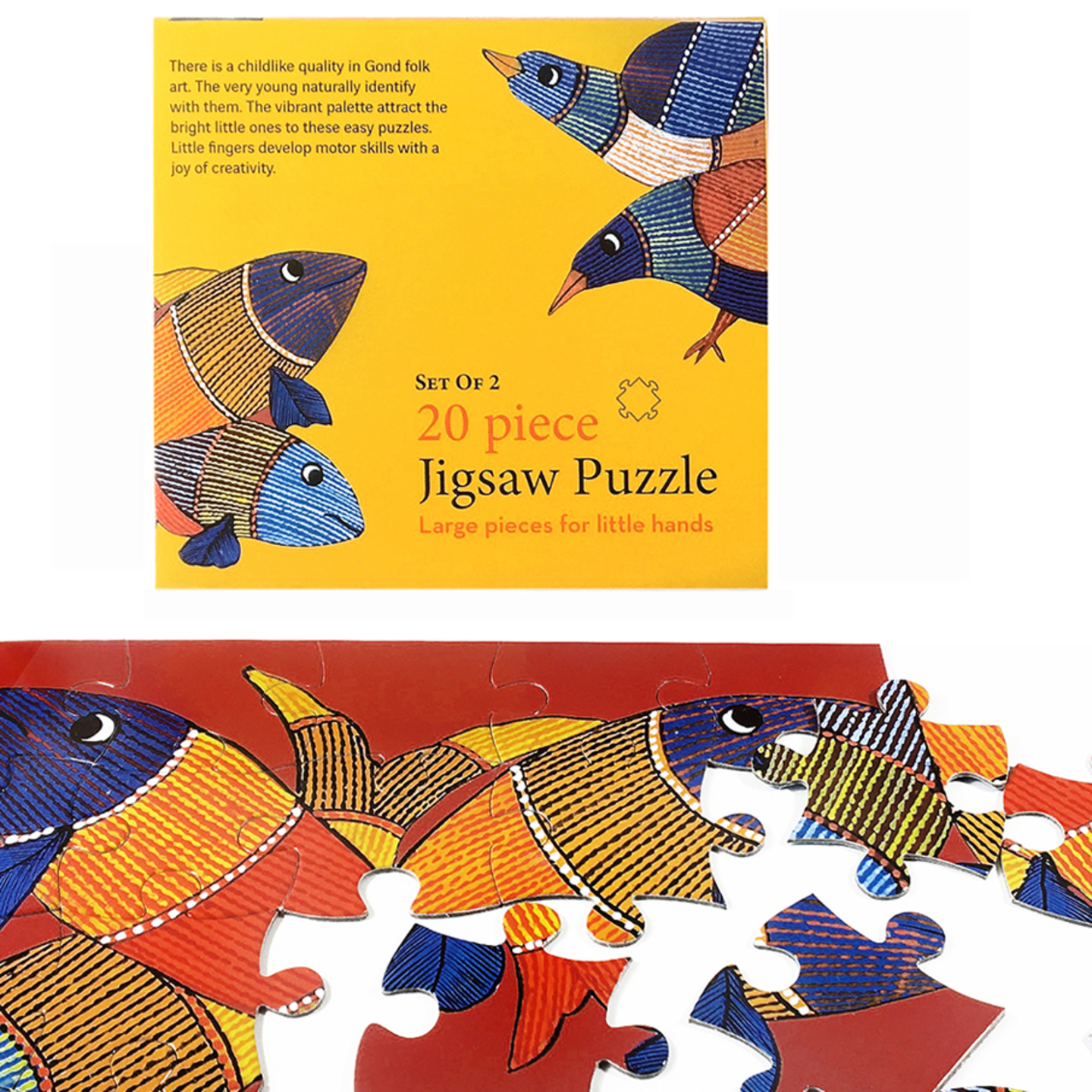 FroggMag - Jigsaw Puzzles - 20 pcs - Gond Art - Bird and Fish